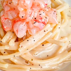 Spaghetti with bisque, porcini mushrooms, and shrimp tartare